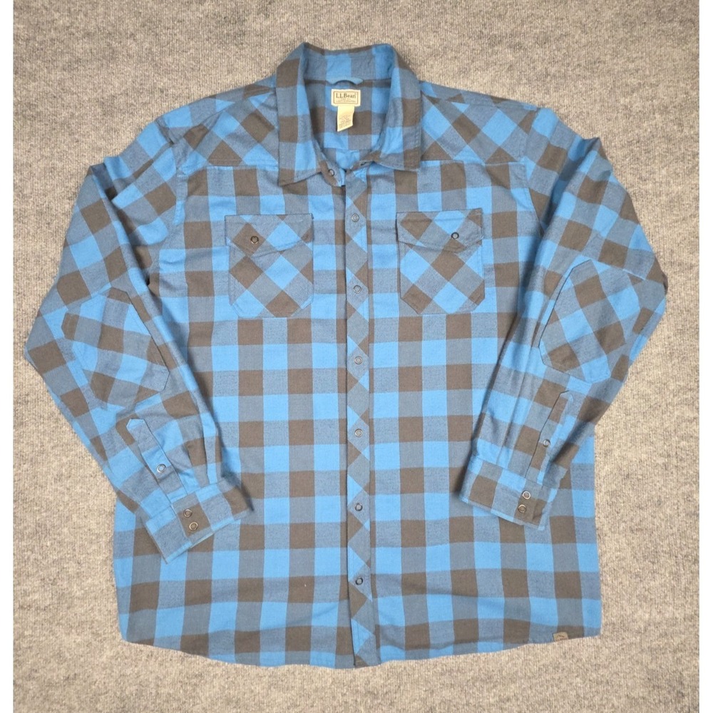 LL Bean Katahdin Performance Flannel Shirt Men 3XL Blue Plaid Snap Thick